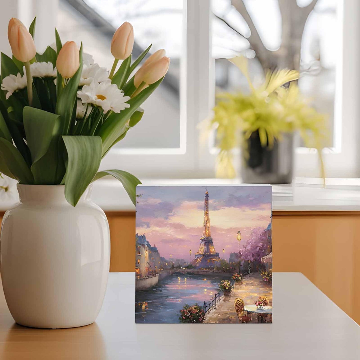 Eiffel Tower Wood Box Sign Desk Decor, Modern Purple Sunset Bridge River Night View Decorative Wooden Block Box Sign Decorations for Home Office Shelf Table Decor 6x6 Inches