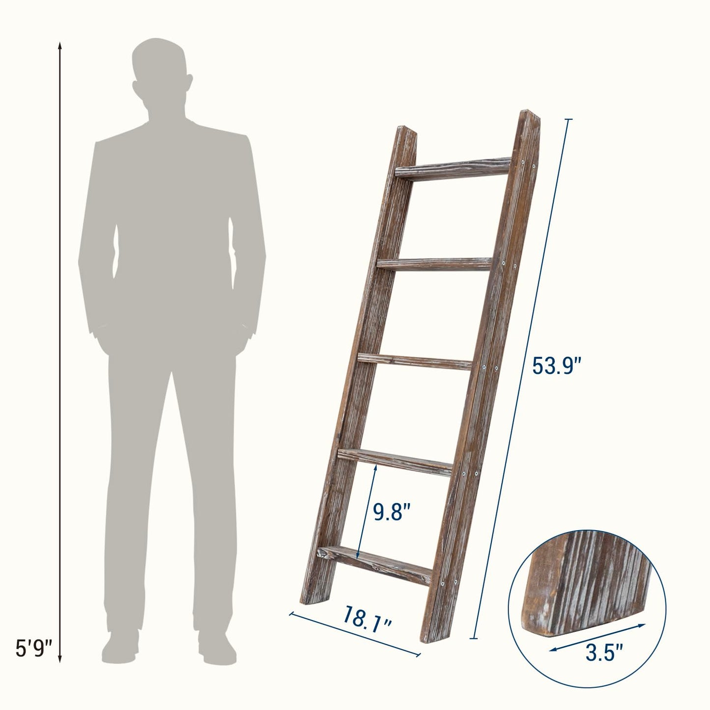 MyGift Decorative Ladder Shelf, 4.5 Foot Wall Leaning Wooden Towel Blanket Ladder Storage Rack for Bathroom or Living Room, Torched Brown Wood
