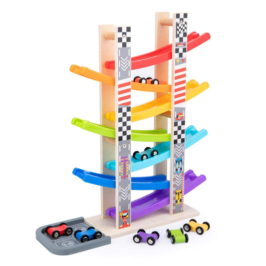 WOOD CITY Toddler Toys for 1 2 3 Years Old, Wooden Car Ramp Racer Toy Vehicle Set with 7 Mini Cars & Race Tracks, Montessori Toys Craft Gift for Toddlers Boys and Girls