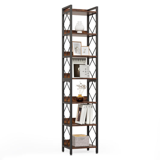 LITTLE TREE Corner Book Shelf, 78.7" Tall Narrow Bookcase, 7-Tier Skinny Wooden Display Shelves with Sturdy Metal Frame for Living Room, Modern Slim Standing Bookshelves for Office Shelf, Small Spaces