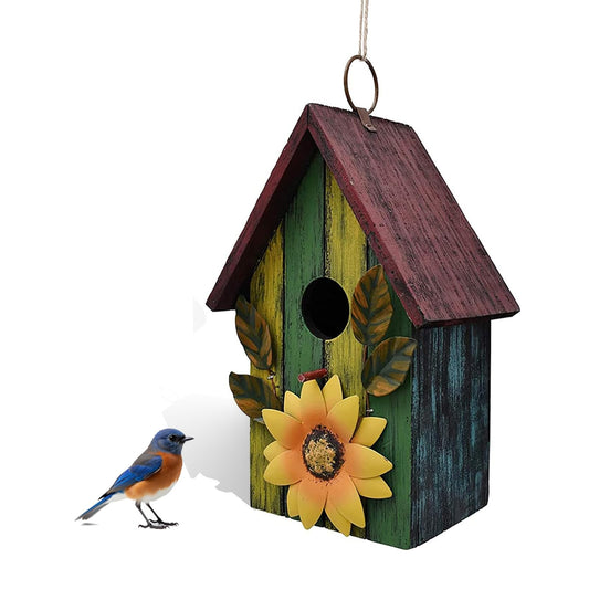 Wood Bird House for Outside, Hanging Bluebird House Nest Box Garden Patio Outdoor Decorative Bird House Vintage Rustic Wooden Birdhouse Bird Box for Finch Wren Chickadee Cardinals