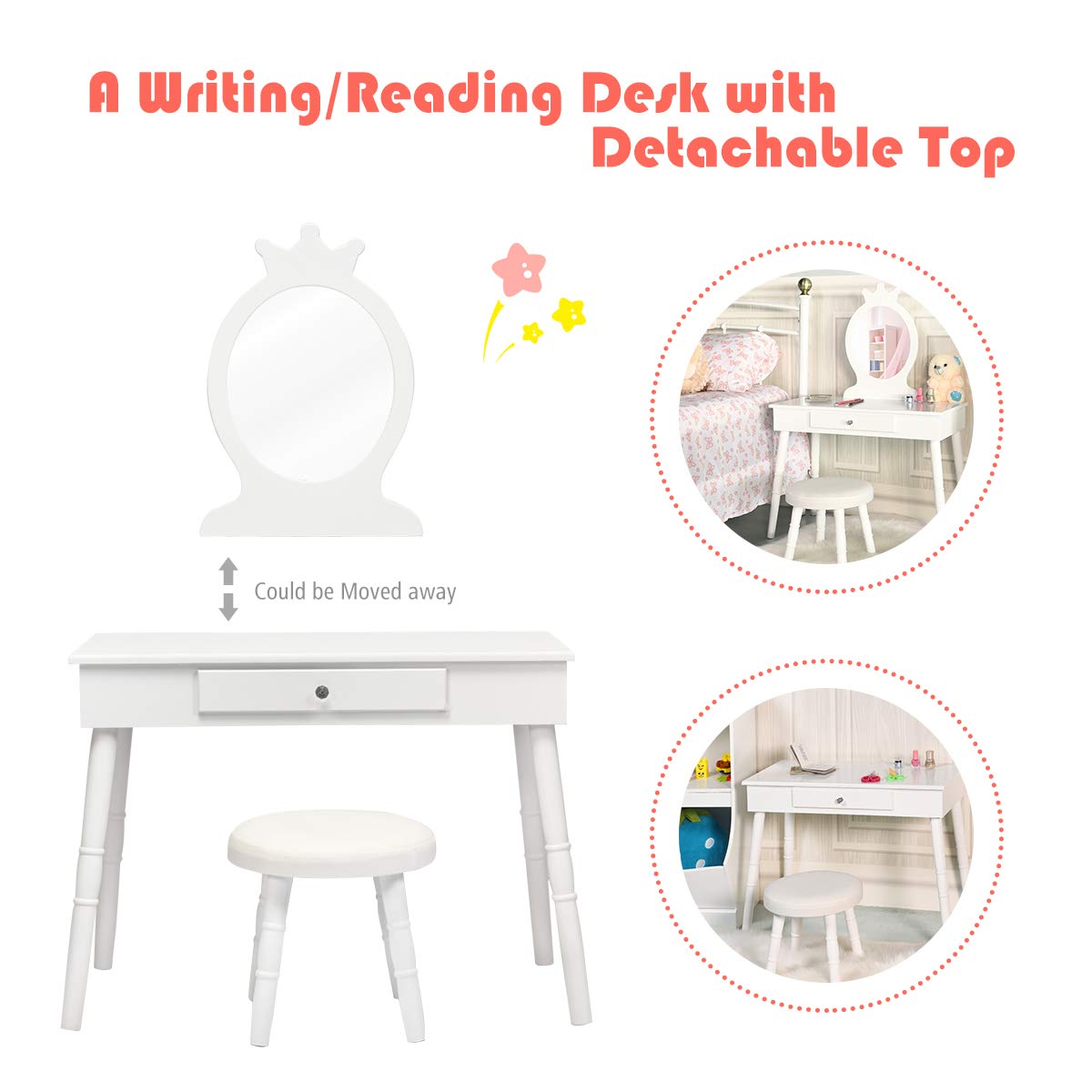 GOFLAME Kids Vanity Set, Princess Dressing Table Set, Wooden Dresser, Little Girls Makeup Table and Stool Set, Pretend Beauty Play Set with Real Mirror, Pull-Out Drawer and Cushioned Stool (White)