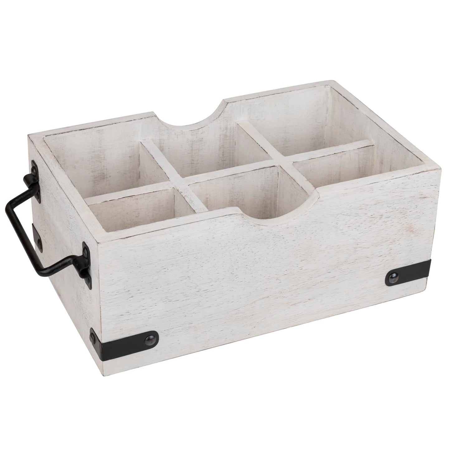 GoCraft 6-Compartment Wooden Flatware Caddy – Versatile Organizer for Kitchen Utensils, Silverware, Condiments, Craft Supplies, Makeup Brushes – Whitewashed Mango Wood with Sturdy Metal Handles