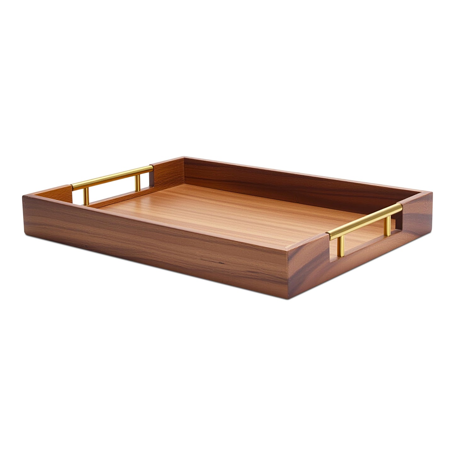 YACEYACE Wooden Serving Tray with Metal Handles, 14" x 9.8" x 1.7" Small Serving Tray for Kitchen Counter, Ottoman Coffee Table, Bathroom, Home Decor
