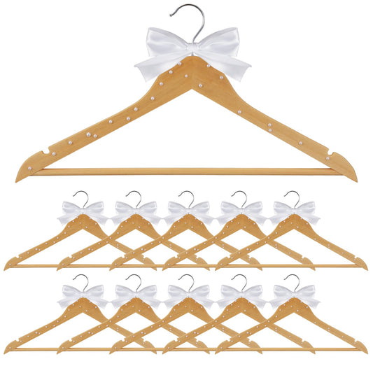 10 Pcs Bridesmaid Hangers for Wedding, 17.5 Inch Wooden Bridal Dress Hanger with Pearls & Bows, Bridal Hangers for Wedding Dress Gown & Tuxedo Suit, DIY Wedding Gift Photo Keepsake