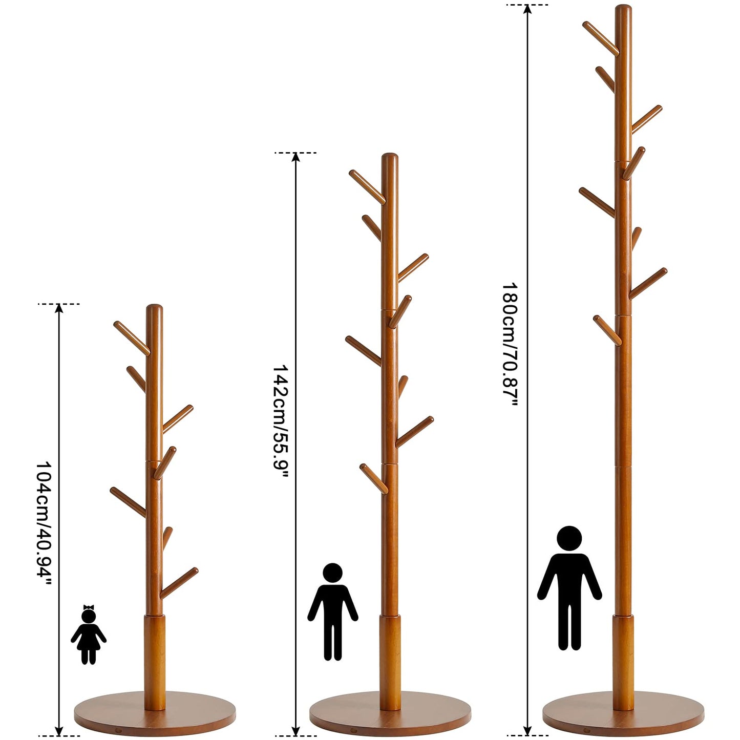 IBUYKE Coat Rack Stand, Freestanding Coat Tree with Solid Round Base and 8 Hooks, Easy Assembly Wooden Coat Hanger, Clothes Rack for Hallway Entryway, Living Room, Bedroom, Office, Brown WD-113