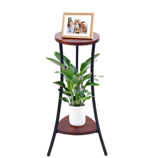 Yedcxup 2-Tier Tall Plant Stand Indoor Outdoor, Round Wooden Corner Plant Shelf with Walnut Panel & Black Metal Frame, Modern Flower Pot Holder Rack for Living Room, Balcony, Patio Decor