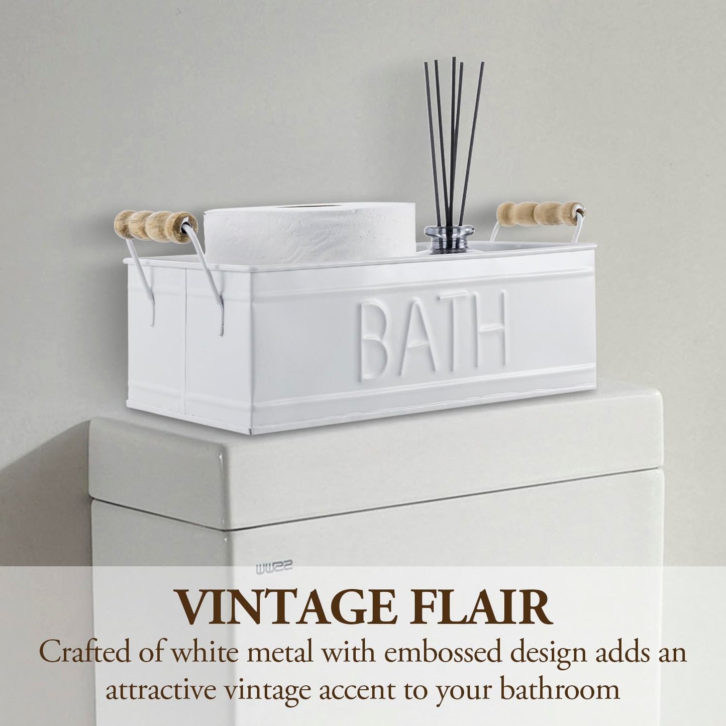MyGift Vintage Bronze Metal Rectangular Storage Basket with Wooden Handles, Bathroom Toiletries Holder, Organizer Bin with Embossed Bath Label - Handcrafted in India (White)