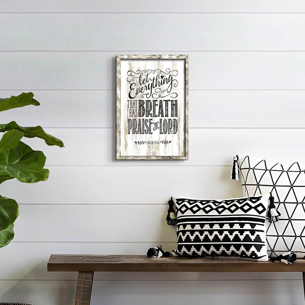 Inspirational Bible Verses Wall Art: Wooden Christian Signs Framed Print Decor Religious Scripture Artwork Psalm 150-6 Lord Quotes Picture for Bedroom Living Room Home