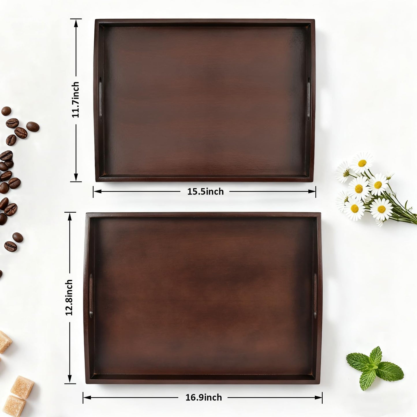 Bamboo Serving Trays with Handles, Set of 2 for Food & Coffee, Dark Brown