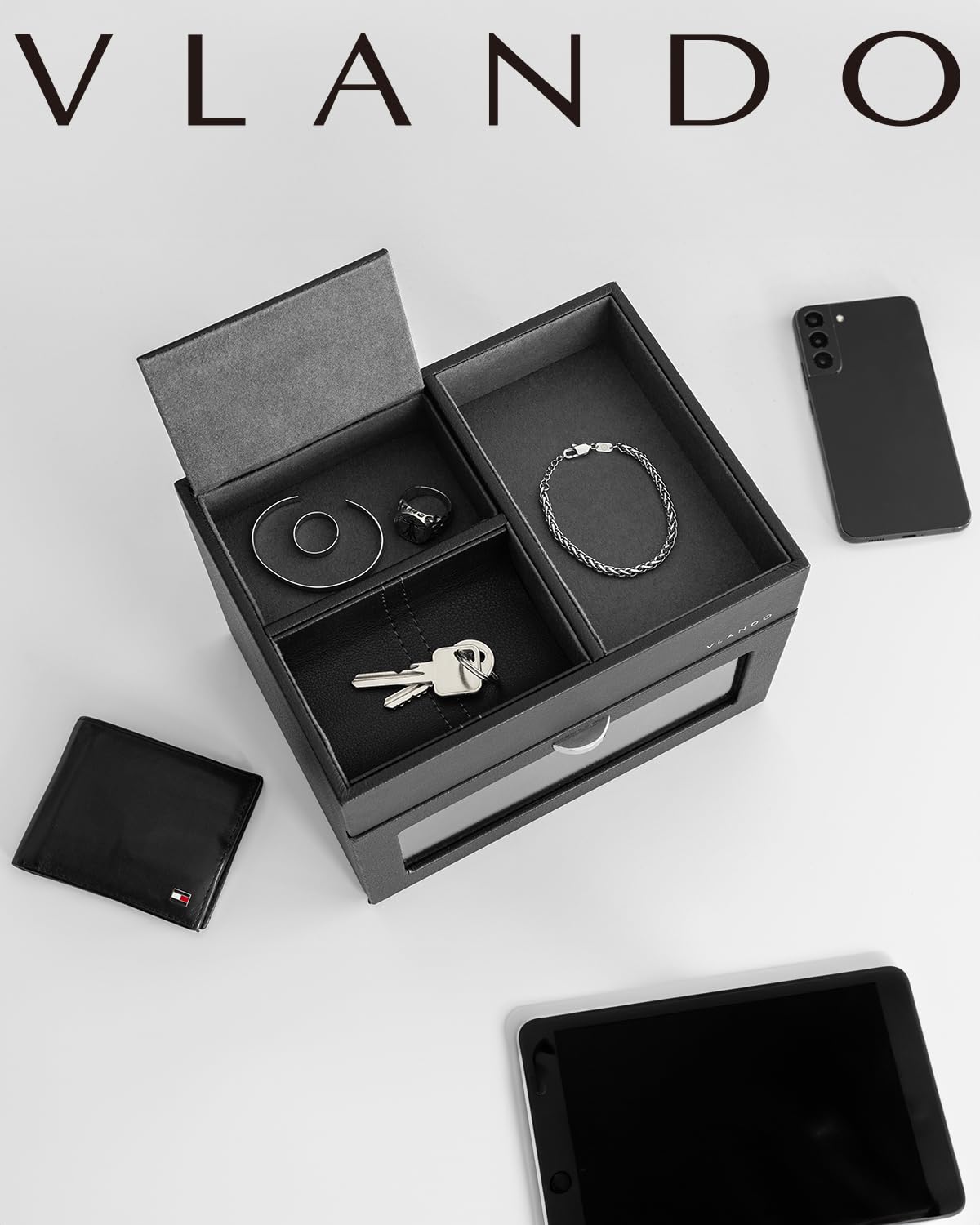 VLANDO Automatic Double Watch Winder for Men - Watch Winder Box with Jewelry Organizer Tray for Father Husband Dad, Japanese Quiet Motor, LED Light, Adjustable Watch Pillows - Black