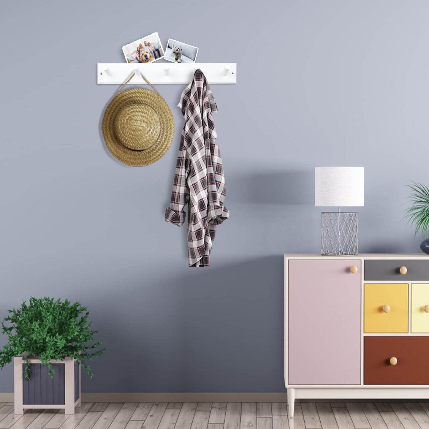horkmous Wood Coat Rack Wall Mounted, 16'' Hole to Hole Wooden Peg Rail for Wall Hangers, 5 Pegs Bamboo Wall Hook for Hanging Towels Hats Robes Clothes Keys, White