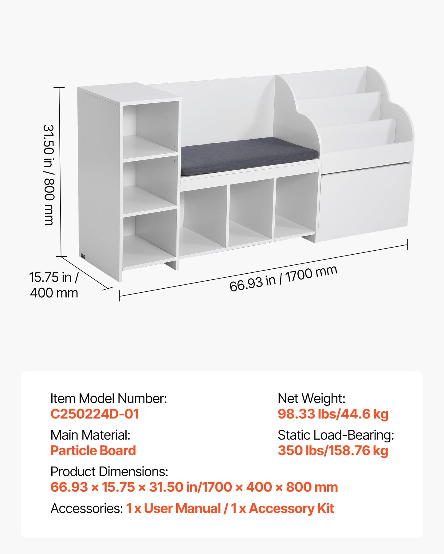 VEVOR Kids Reading Nook, Wooden Storage Bench with Backrest, Kids Bookshelf & Toy Organizer, Large Toy Box Chest for Playroom, Living Room or Entryway, Easy Assembly, 66.9 x 15.8 x 31.5 in, White
