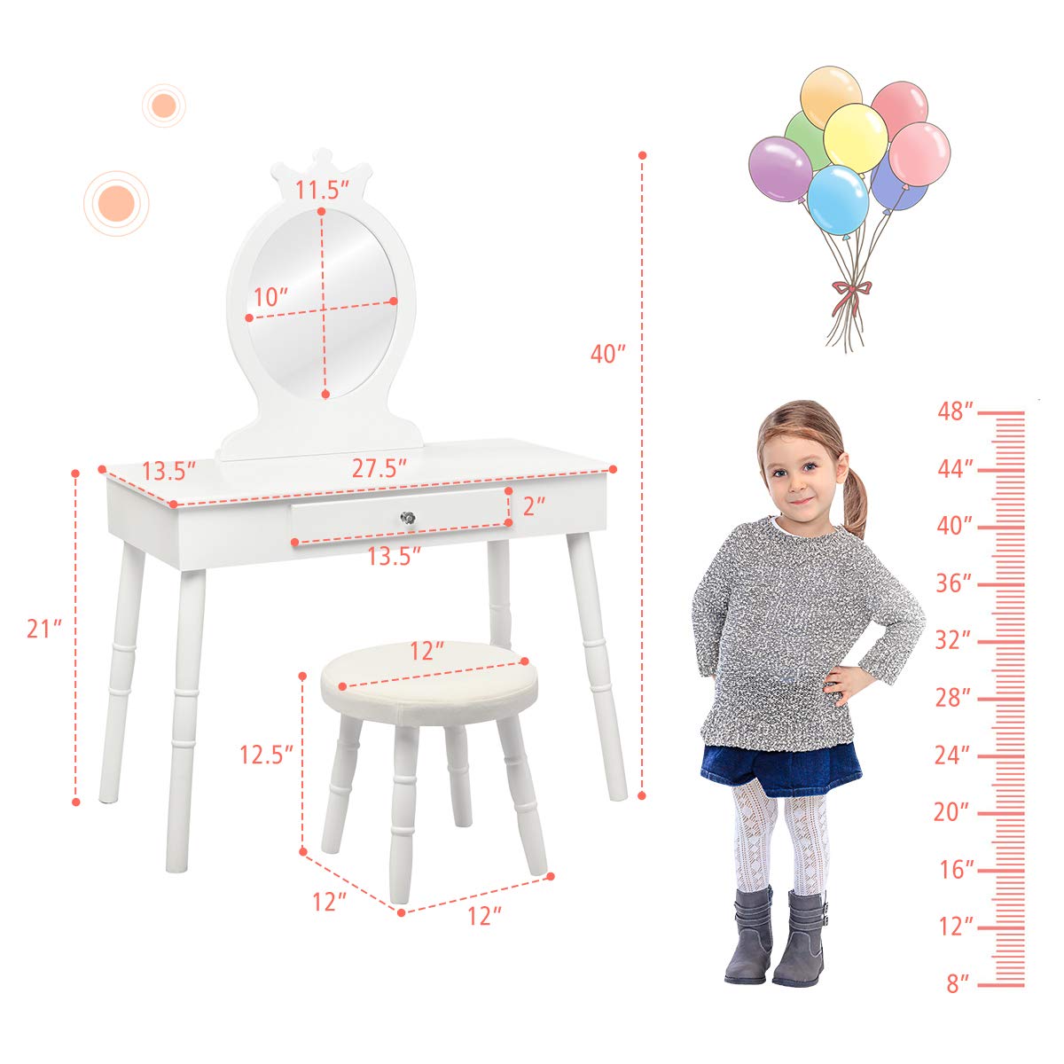 GOFLAME Kids Vanity Set, Princess Dressing Table Set, Wooden Dresser, Little Girls Makeup Table and Stool Set, Pretend Beauty Play Set with Real Mirror, Pull-Out Drawer and Cushioned Stool (White)