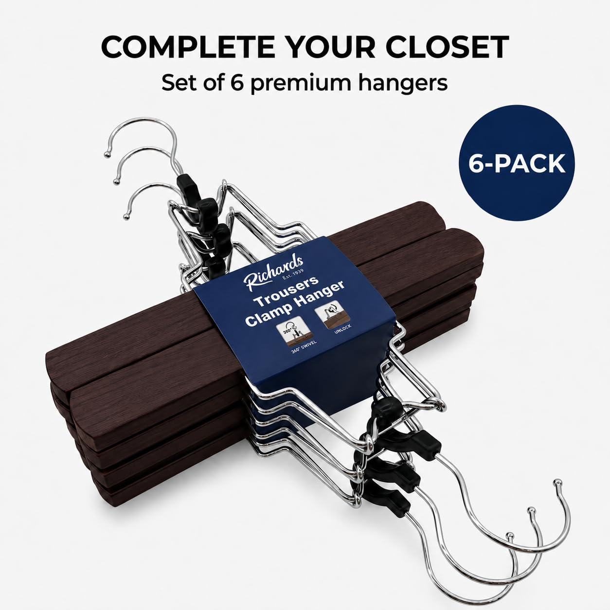 Richards Wooden Pants Hangers - Wood Skirt Hangers - 6 Pack - for Men Shorts and Pants and Women Dress Clothes - Non Slip Slim Closet Space Saving- Walnut