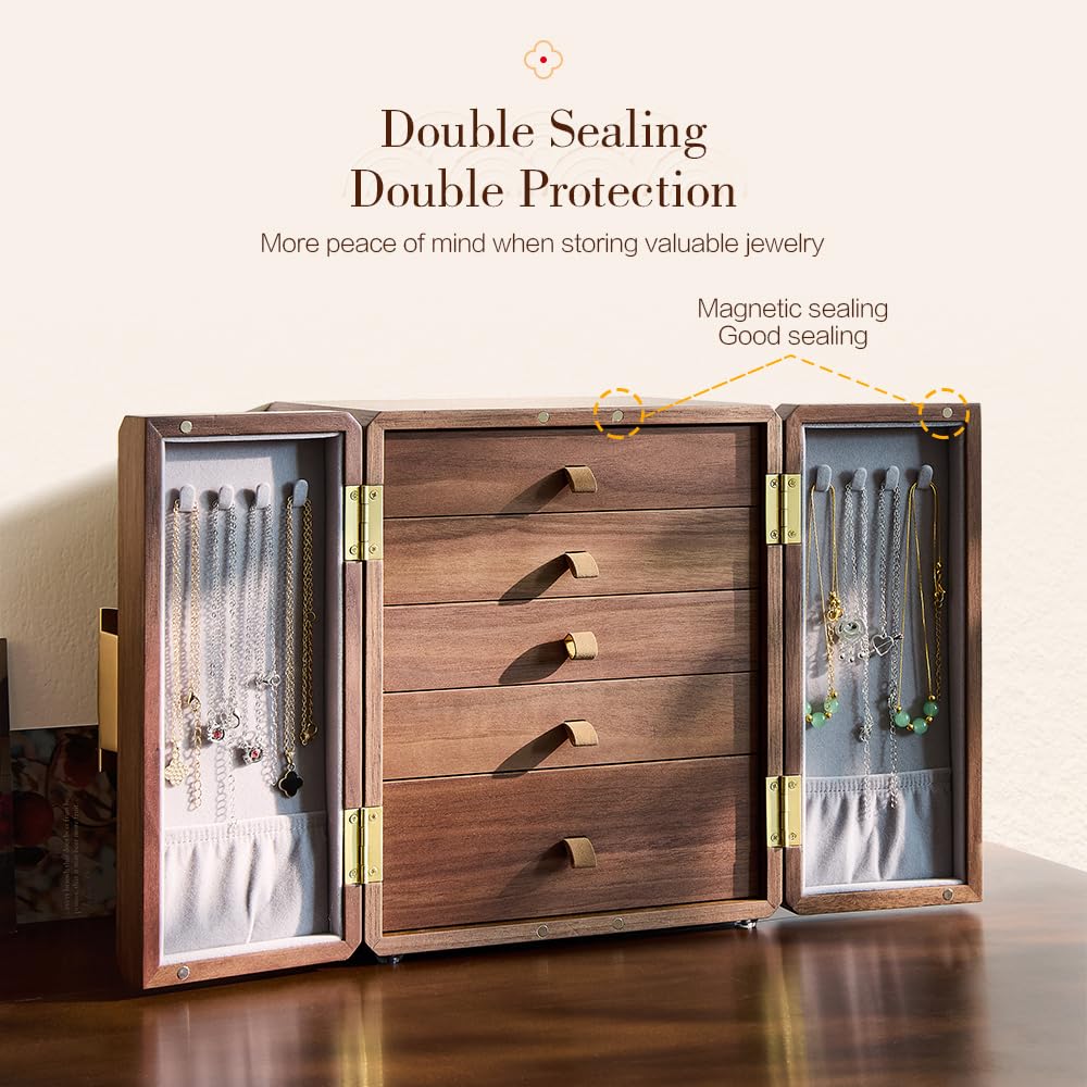 Wenseny Elegant Black Walnut Wooden Jewelry Box - 5-Layer Organizer with Quatrefoil Brass Handle, Antique-Style Storage for Her (9.2 IN)