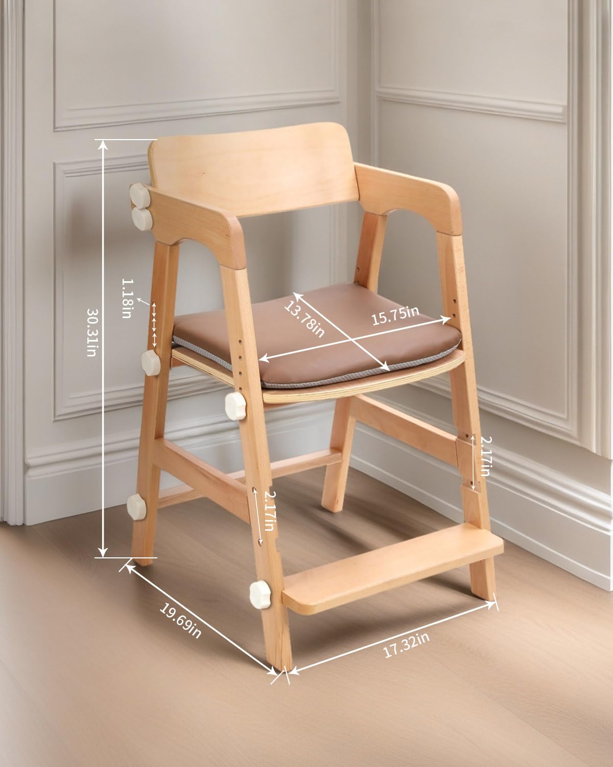 Wooden High Chair for Teens with Adjustable Seat, Backrest & Footrest