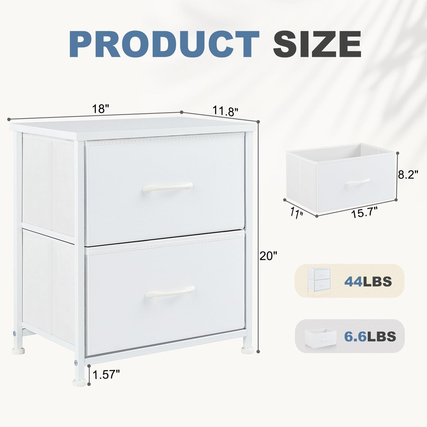 DUMOS Nightstand Small Dresser with 2 Fabric Drawers Side Tables Bedroom End Table Kids Bedside Storage Furniture for 20 inch Tall Night Stand for Closet, Entryway, College Dorm, White