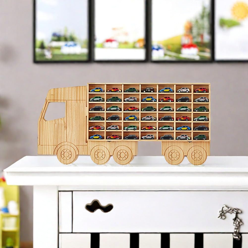 Wasaiggon Wood Toy Car Display Rack, Holds 42 Diecast Cars Model Car Display Case 1/64 Scale Toy Cars Organizer Freestanding or Wall-Mounted Toy Car Storage Cabinet