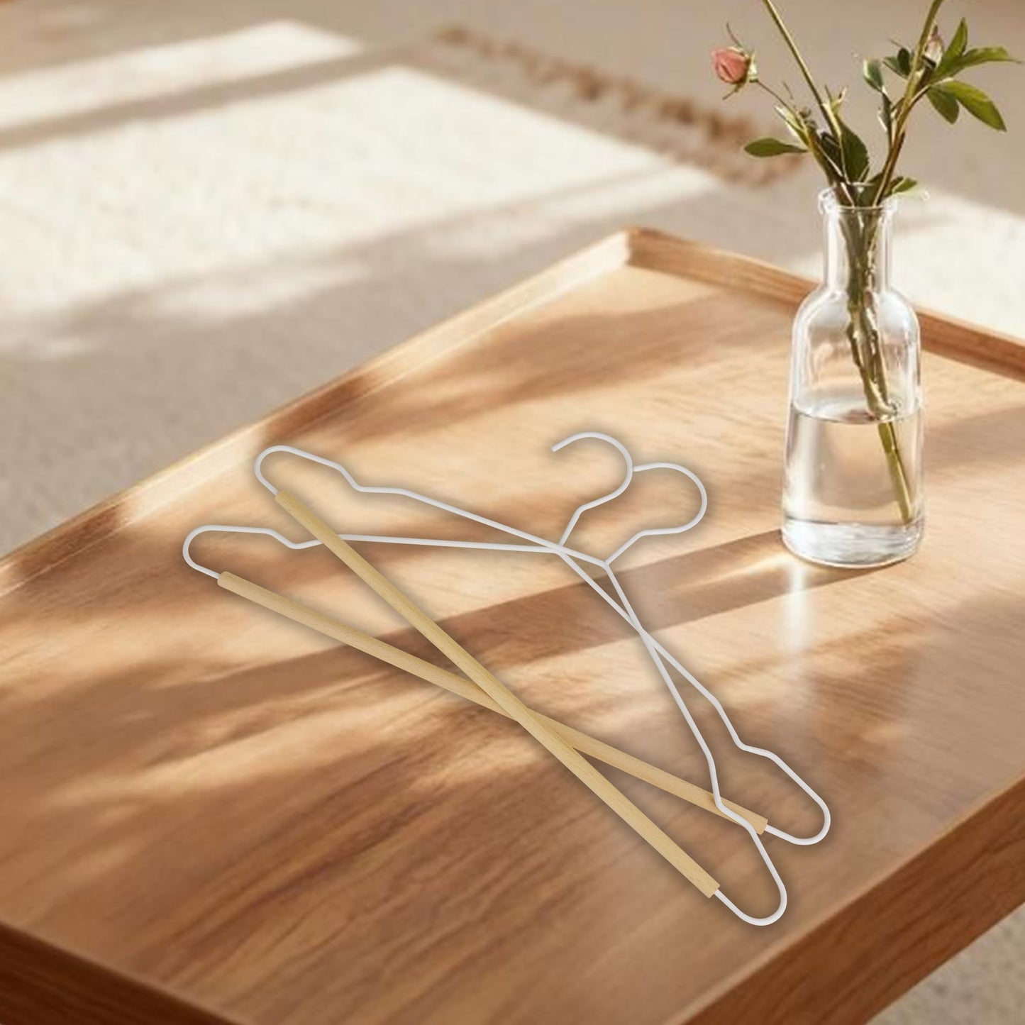 BP4U Wire Hangers with Wood Pants Bar, 24-Pack Metal Hangers with Smooth Beech Wooden Bar for Dresses, Pants, Sweaters, Jackets, and Heavy Clothes (White)