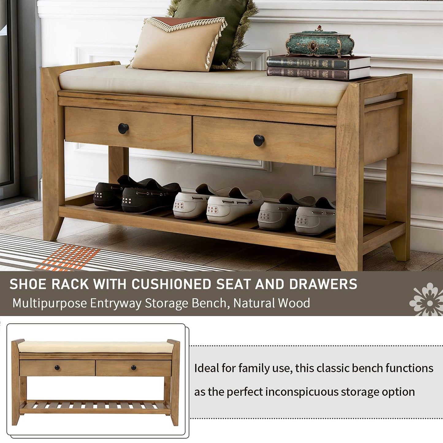 SPOFLYINN FQGXX_KITHJGUJW Gray White with Cushion Wooden Shelf Drawer Living Room Shoe Rack Bedroom Storage Seating Bench, One Size, Old Pine