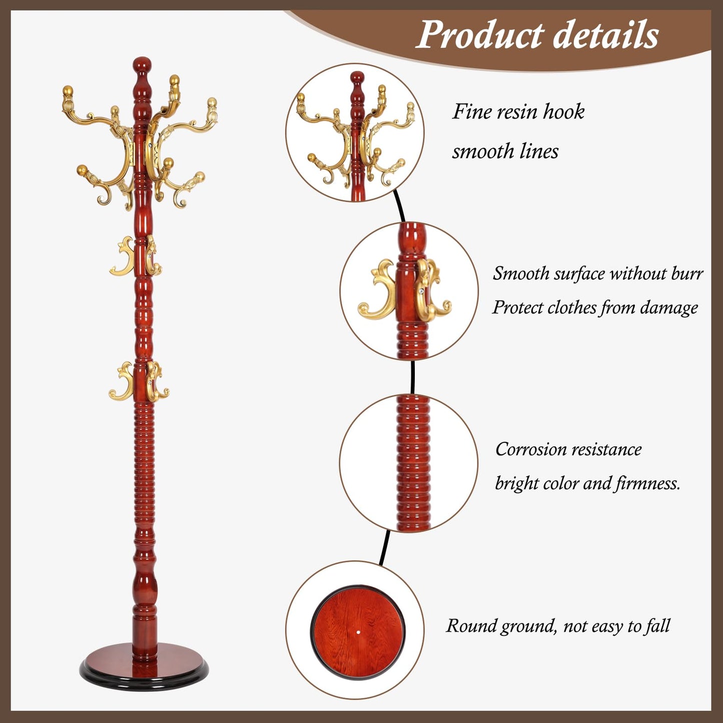 VKETU Wooden Coat Rack Freestanding, Vintage Coat Racks with Sturdy Round Base, Adjustable Height 37.40"-72.83" Entrance Coat Rack for Bedroom Living Room Entryway (Solid wood Begonia)