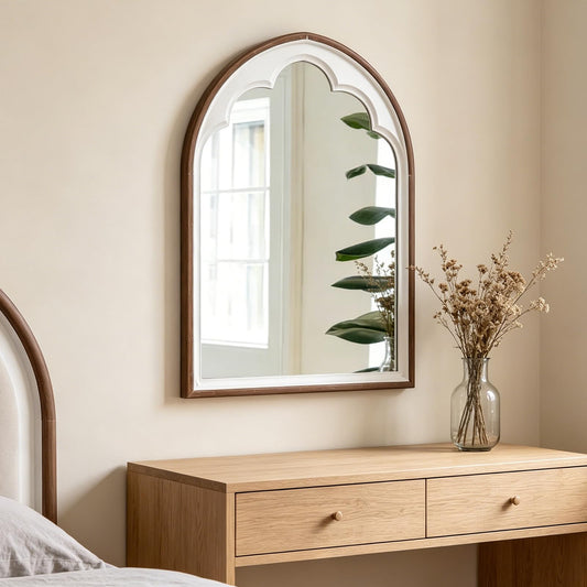 Sintosin Rustic Wooden Arched Mirrors for Wall 24 X 36 Inch, Hanging Distressed White Vintage Decorative Wall-Mounted Mirrors, Farmhouse Dressing Arch Wall Mirror for Bedroom Bathroom Hallway