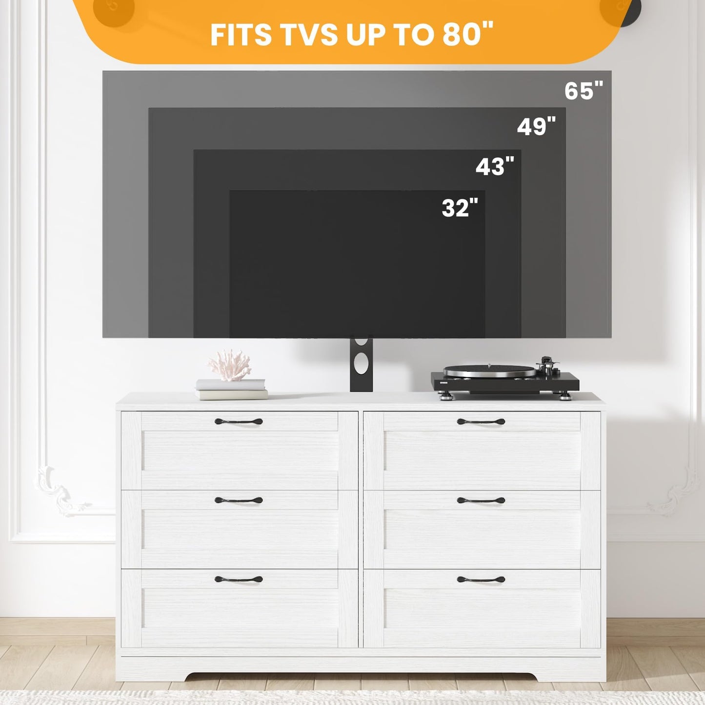 GAOMON 6 Drawer Dresser for Bedroom, White TV Stand with Height Adjustable Mount for Living Room Fit 32/55/65/75/80 Inch TVs, Farmhouse Entertainment Center as Wooden Media Console Tables