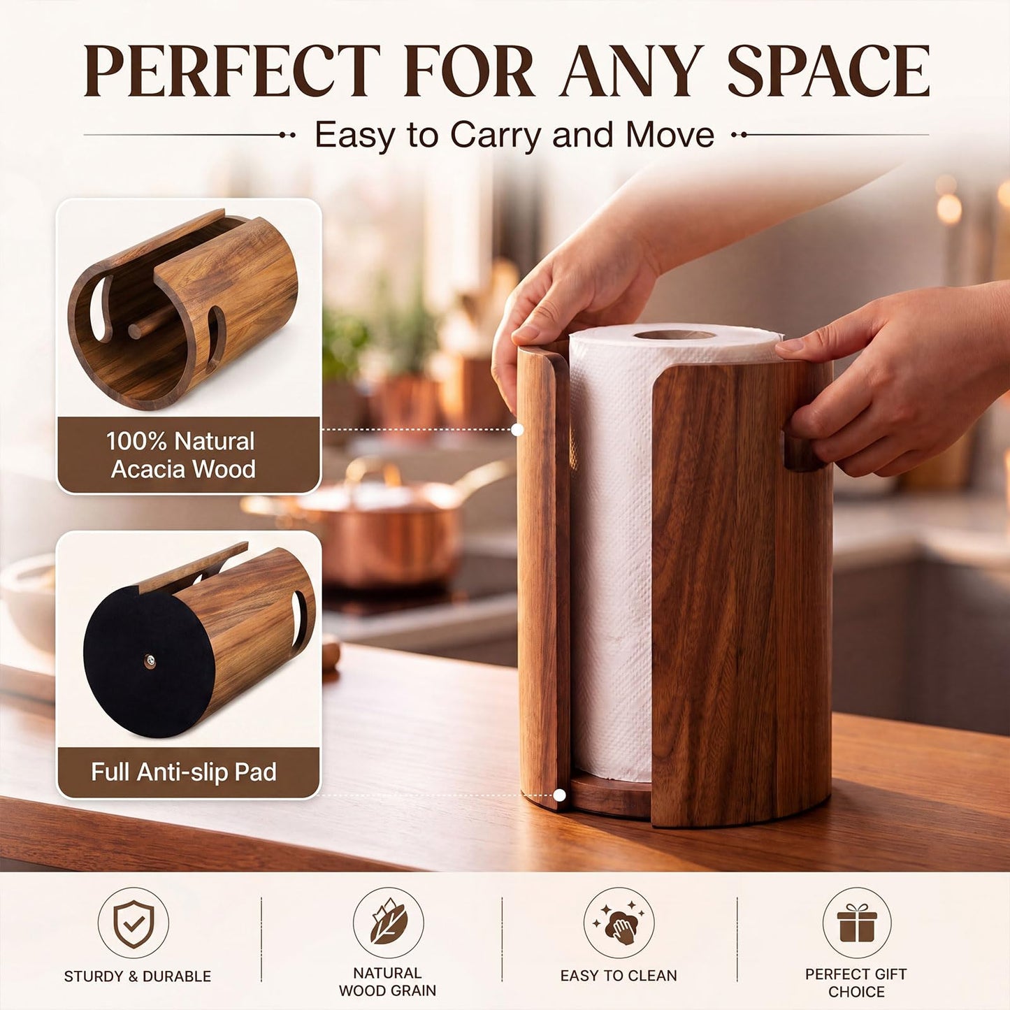 Ferrochef Acacia Wood Paper Towel Holder for Kitchen Countertop 10x7.3in with Splash Guard & Handle, Non-Slip Base, Rustic Farmhouse Paper Towel Stand for Home Office Bathroom Restaurant Hotel