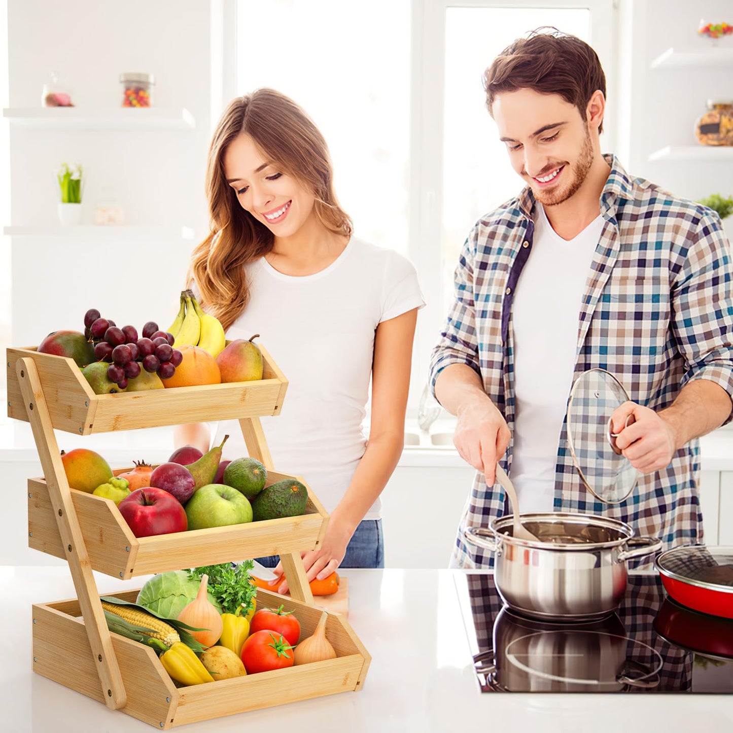 G.a HOMEFAVOR Bamboo Fruit Basket, Fruit Organizer for Kitchen Counter, Vegetable Storage Stand, 15 mm Thickness (Self-assembly)