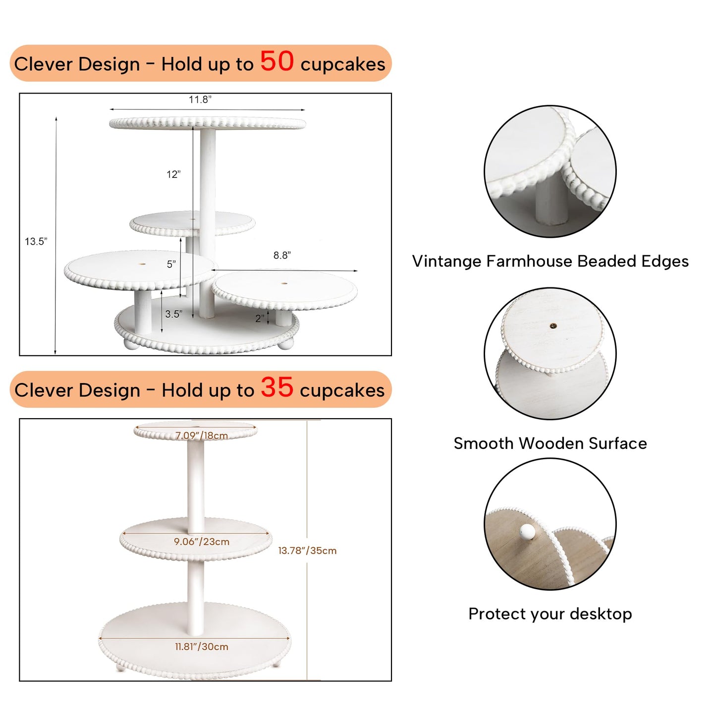 GENMOUS 2PCS 3 Tier and 4 Tier Beaded Cupcake Stand Set for Birthday Party Decor,Rustic Wooden Cupcake Tower Stands for 74 Cupcakes,White Cupcake Tiered Stand Display for Wedding Baby Shower Tea Party