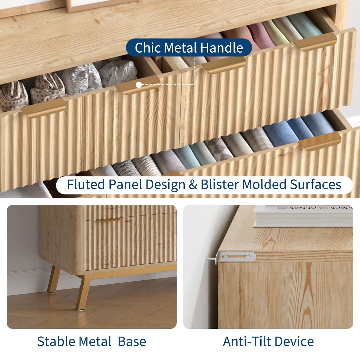 IDEALHOUSE Dresser 1-Piece 7-Drawer Fluted Wooden Chest with Gold-Tone Metal Handles, Iron Frame Base, Wide Storage Organizer and TV Stand for Bedroom Living Room Entryway, Light Oak