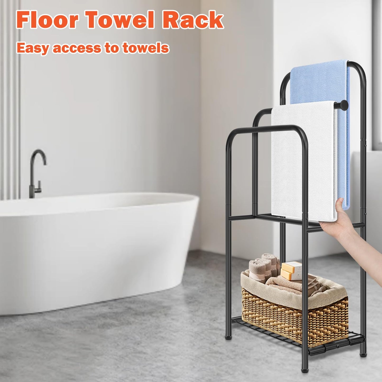 HarJue Towel Racks for Bathroom, 35" H Standing Towel Holder 3 Tier Metal Pool Towel Hanger Outdoor Floor with Storage Shelves for Blanket Bath Towel Drying (Matte Black)