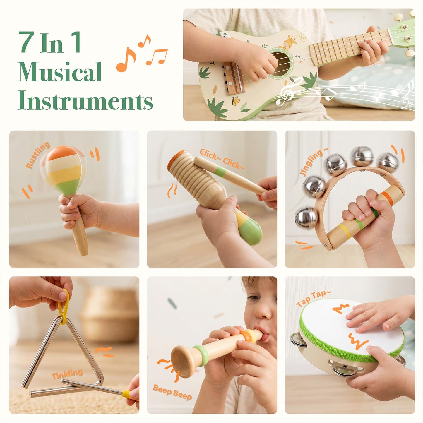 Toddler Guitar Set, 7-in-1 Wooden Baby Musical Instruments Band Includes 17" Ukulele, Maracas, Drum, Trumpet & More - Perfect Toy for Kids Ages 1-5, Ideal Gift for First Birthday Christmas