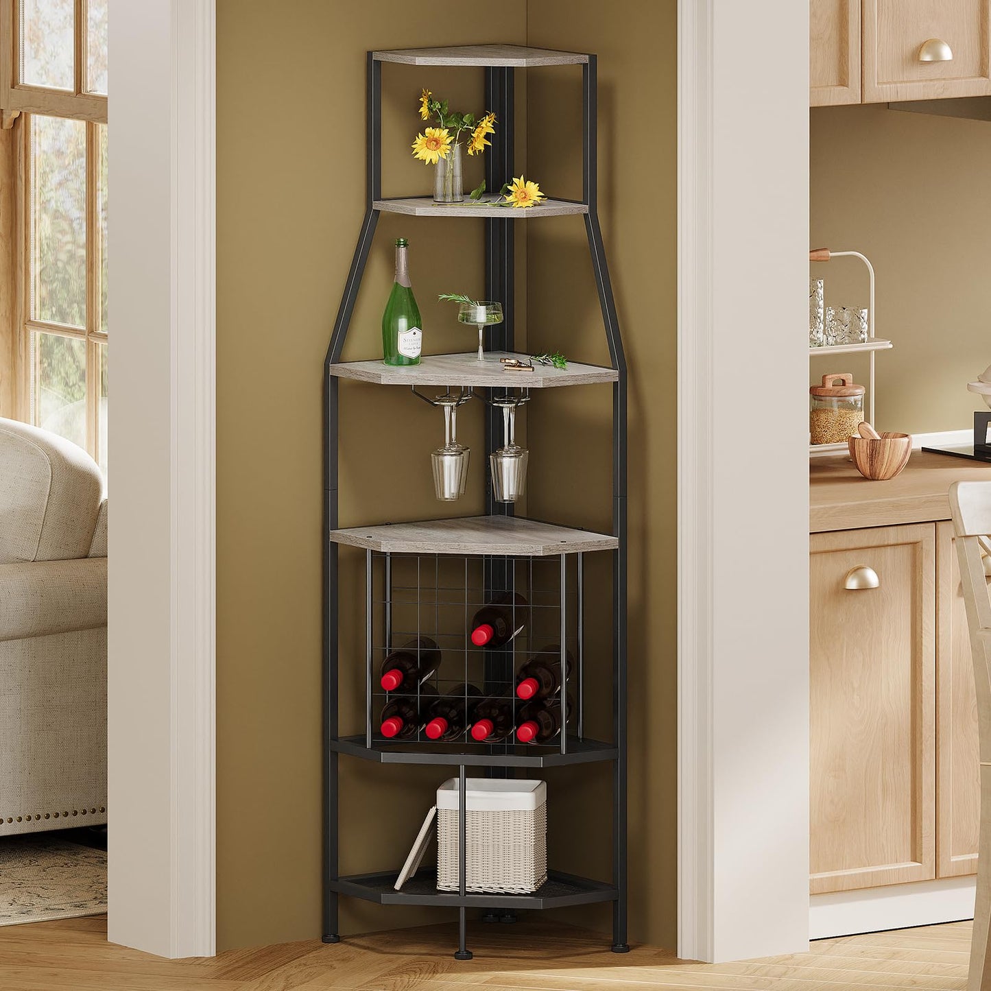 Espelism 5-Tier Corner Wine Rack Floorstanding with Glass Holder and Bottles Wine Storage Home Bar Furniture for Home Kitchen Dining Room Industrial Metal and Wooden Corner Shelf