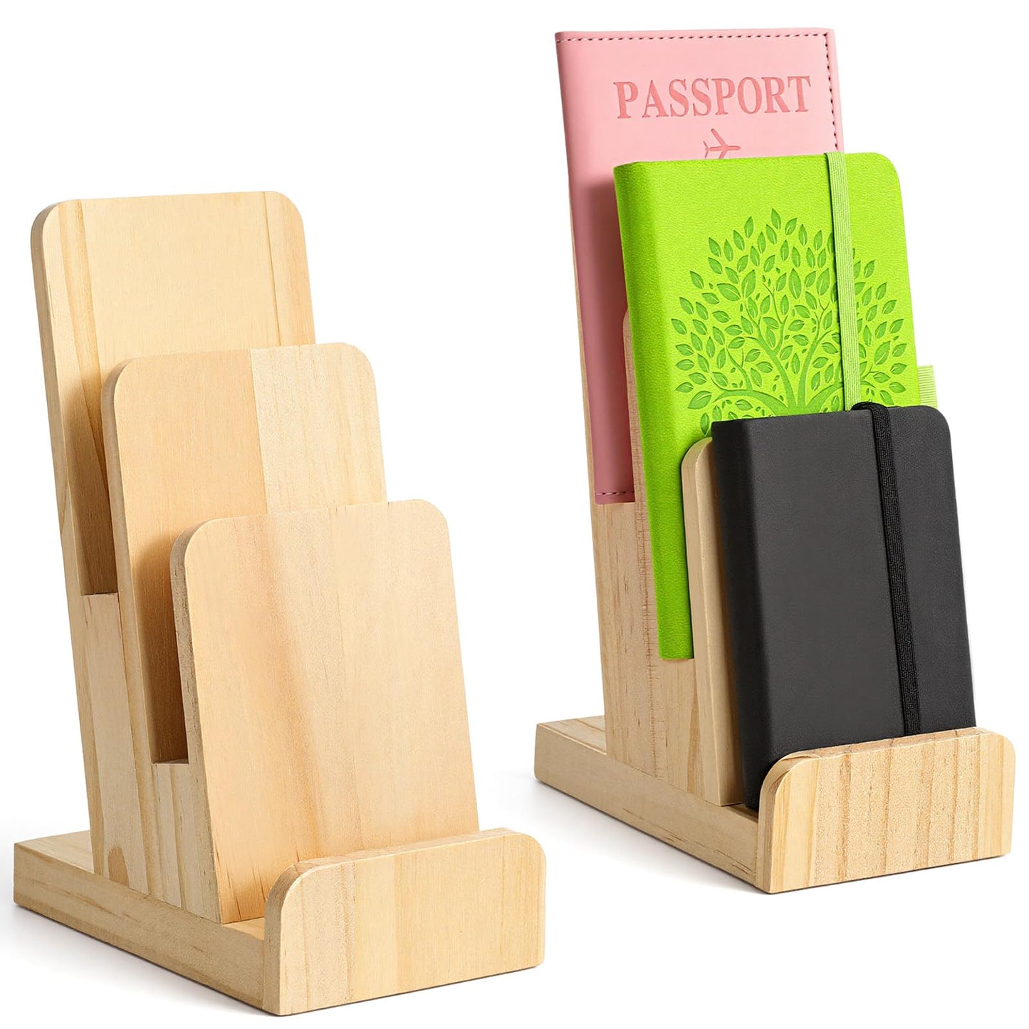 Oqqlin 2 Pcs 3-Tier Pine Wood Pamphlet Display Stand, 3 x 4 x 10 Inch Pine Wood Literature Holder Wooden Trifold Flyer Display Stand for Menu, Magazine, Pamphlet, Booklets
