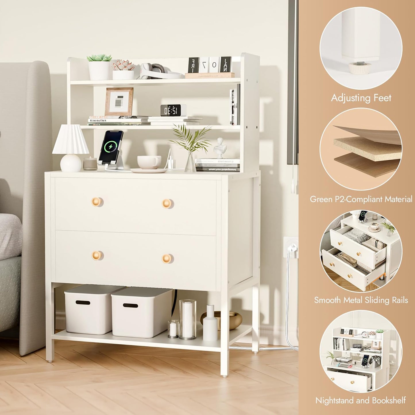 PATAVOT 24 Inch White Nightstand with 2 Drawers & Charging Station
