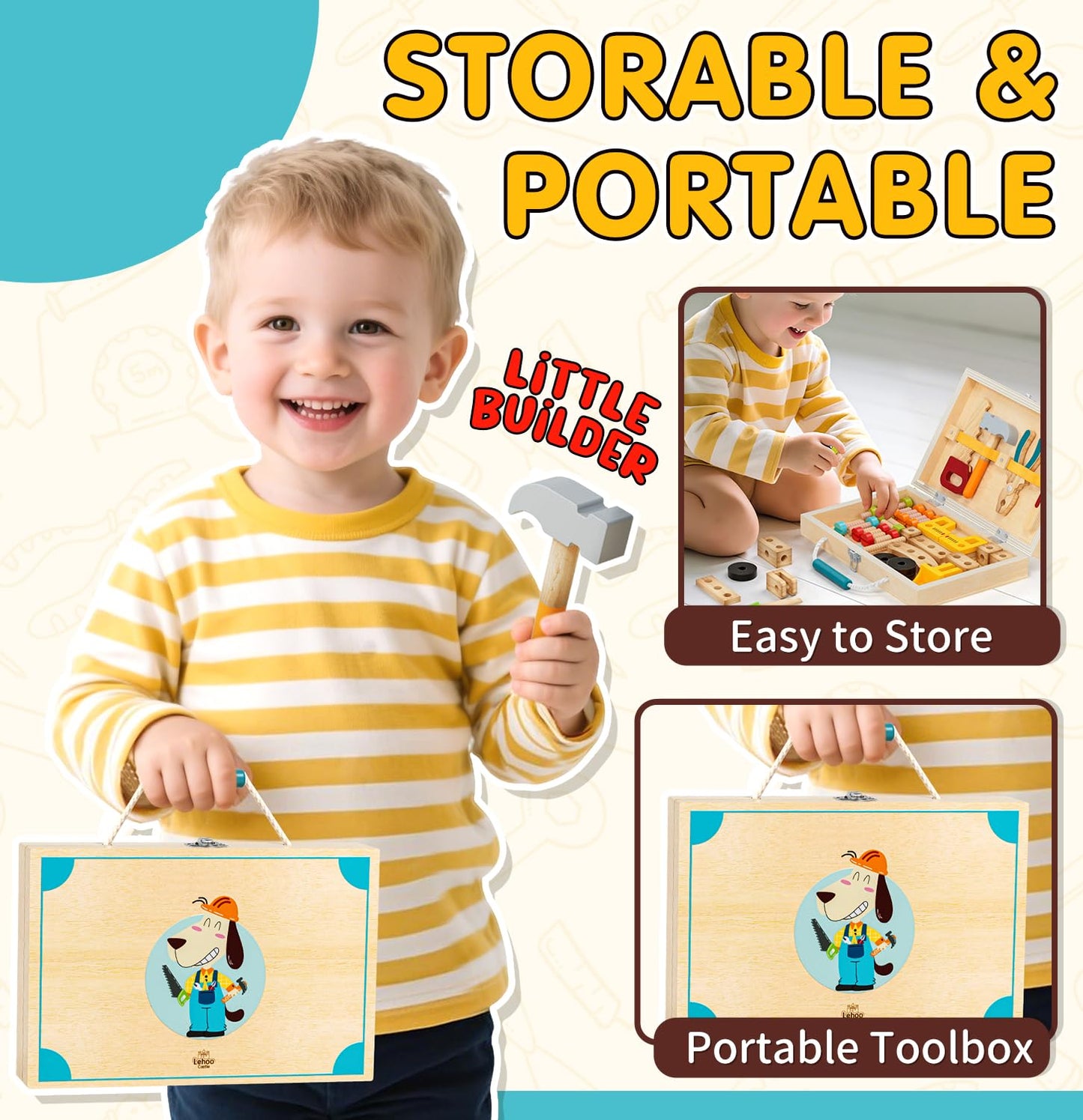 Lehoo Castle Kids Tool Set with Toolbox, Wooden Toys for 3 4 5 Years Old Boy Birthday Gift, Construction Play Tools, STEM Learning Toys for Preschooler, Pretend Play Gifts for Christmas