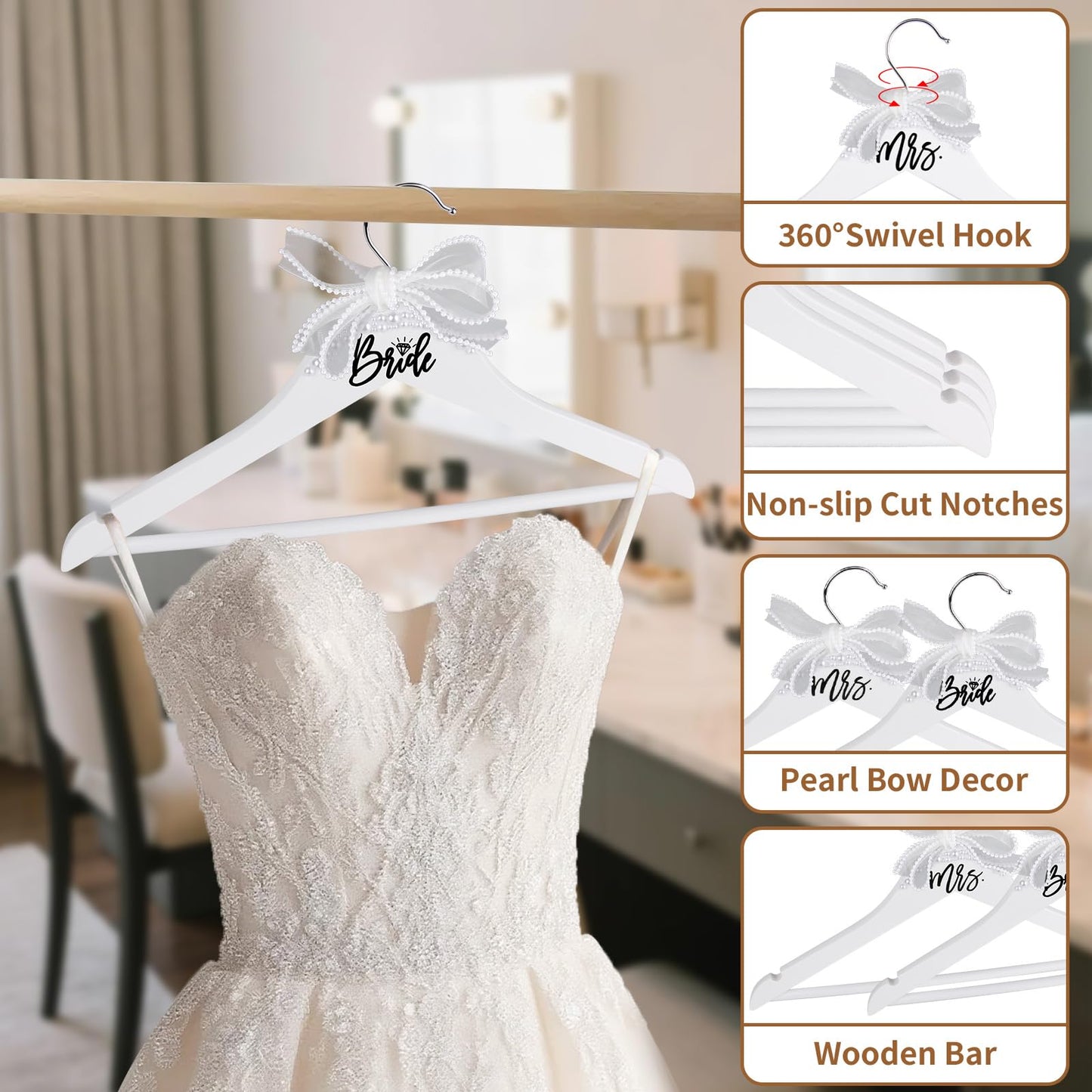 NINTHFIT Bride Hanger for Wedding Dress Wooden Pearl Hangers with Pearl Ribbon Bow Elegant Bridal Mrs Wedding Dress Hanger, 2PCS Personalized Wedding Hangers (White)