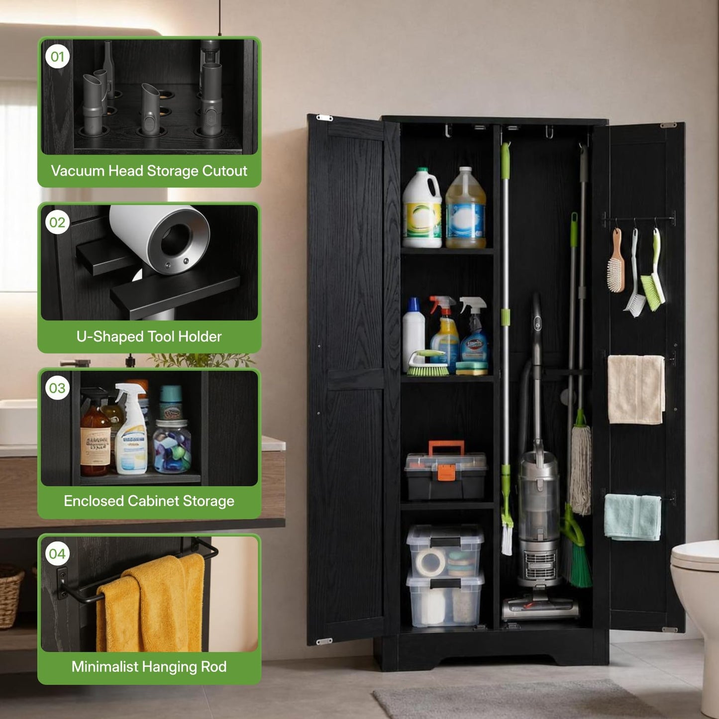 NORTHSKY 55" Wooden Broom Closet, Tall Storage Cabinet for Vacuum Cleaner&Mops, Compatible with Dyson, Utility Cabinet w/4 Shelves&Hanging Rod, Freestanding Organizer for Laundry,Garage,Home,Office