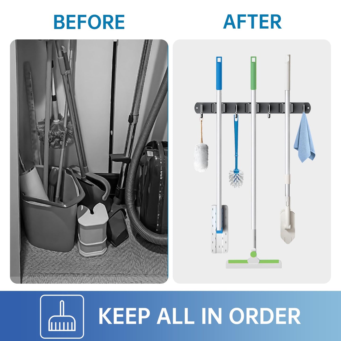ZONGOOL 2 Pack Mop Broom Holder Wall Mount, Broom Organizer Storage Tool Racks Stainless Steel Self Adhesive Heavy Duty Hooks for Home Kitchen Garden (3 Racks with 4 Hooks, Black)