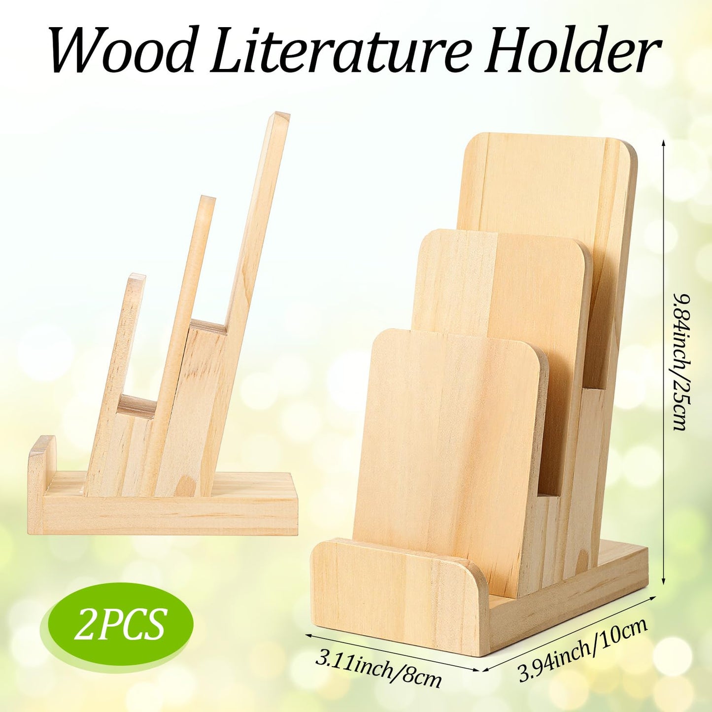 Oqqlin 2 Pcs 3-Tier Pine Wood Pamphlet Display Stand, 3 x 4 x 10 Inch Pine Wood Literature Holder Wooden Trifold Flyer Display Stand for Menu, Magazine, Pamphlet, Booklets