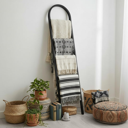 Sintuff Arched Blanket Ladder for Living Room, 5.5ft Wooden Blanket Rack, 5-Tier Natural Leaning Ladder Shelf for Farmhouse Bedroom Living Room Bathroom Decor (Arch,Balck)
