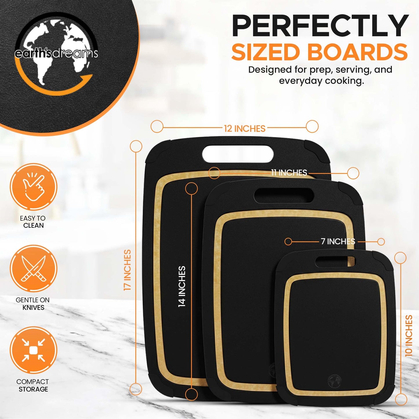 Earth's Dreams Composite Wood Cutting Board Set of 3 – Built In Juice Groove, Non-Toxic Cutting Boards for Kitchen – Large, Medium & Small Non-Slip Wood Charcuterie & Chopping Boards (Black/Tan)