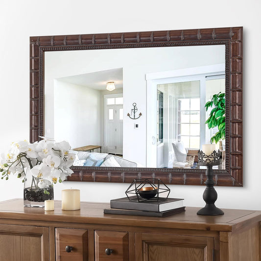 Autdot Vintage Bronze Mirror, 39'' x 27'' Solid Wood Mirror Frame with Bamboo-Joint Design, Decorative Wall Mirrors for Living Room, Bathroom, Bedroom, Entryway, Fireplace, Horizontal/Vertical