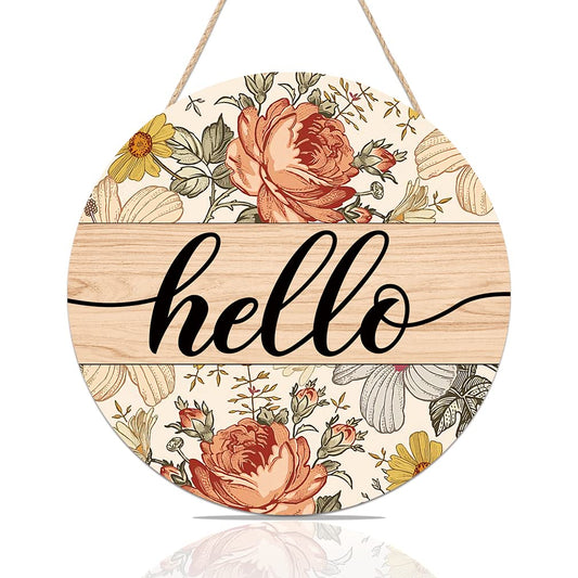 FWIEXA Vintage Hello Sign for Front Door, Boho Hello Door Sign with Flowers, Colorful Floral Welcome Wooden Hanging Sign Decor for Holidays Festive (12"x 12")