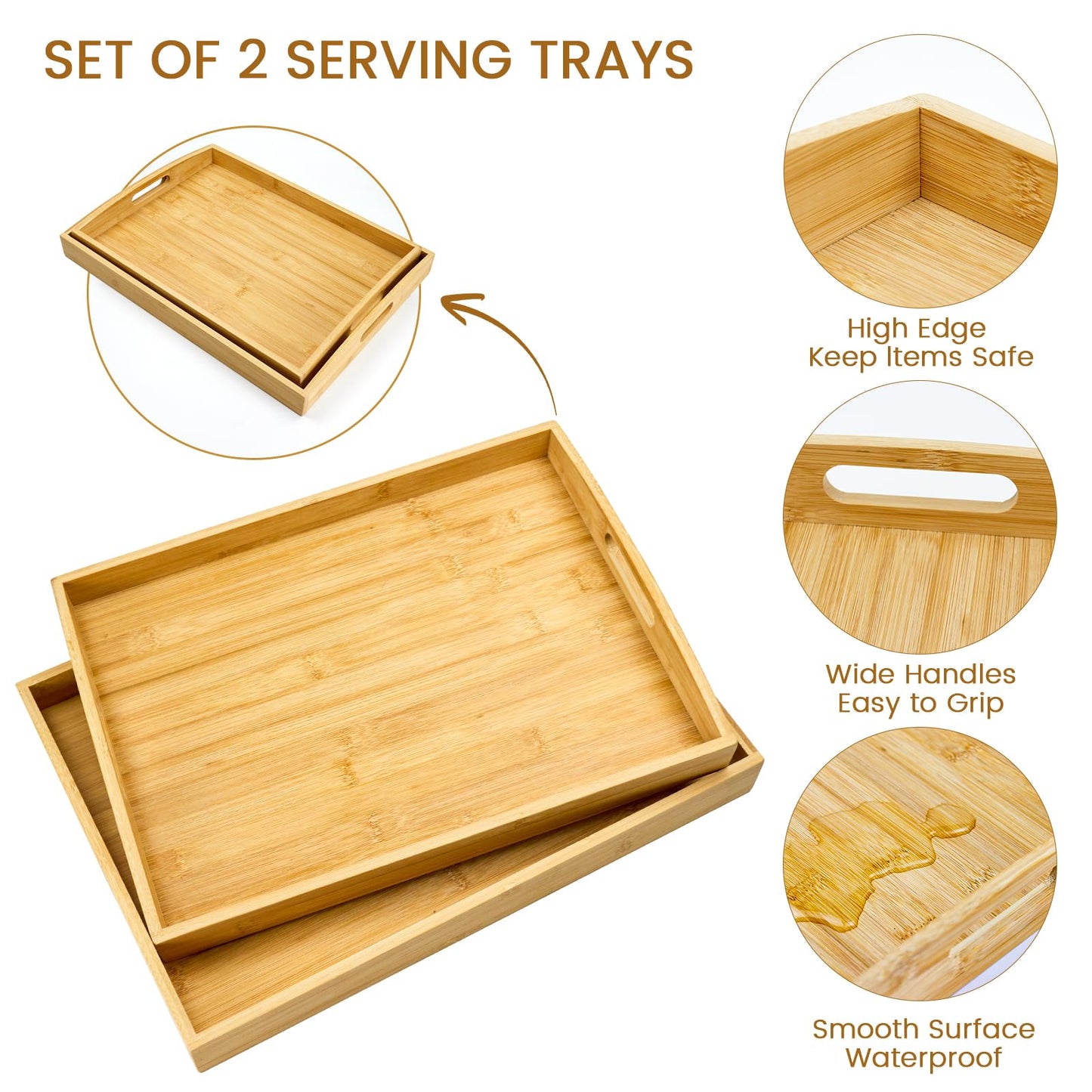 GOLD HONEY Bamboo Serving Tray with Handles Set of 2 - Decorative Wooden Tray for Living Room, Bathroom, Suitable for Used in Bedroom, Kitchen, Coffee Table, Outdoor and Storing - 17x13in, 16x12in