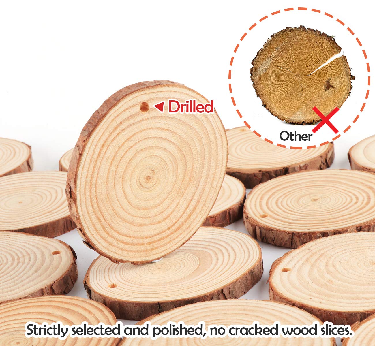 ilauke Natural Wood Slices 30Pcs 3.1''-3.5'' Unfinished Wood Crafts with Pre-drilled Hole, Wood Slices Ornaments for DIY Rustic Christmas Crafts Wooden Circles Coasters Wedding Decor, 33 Feet Twine