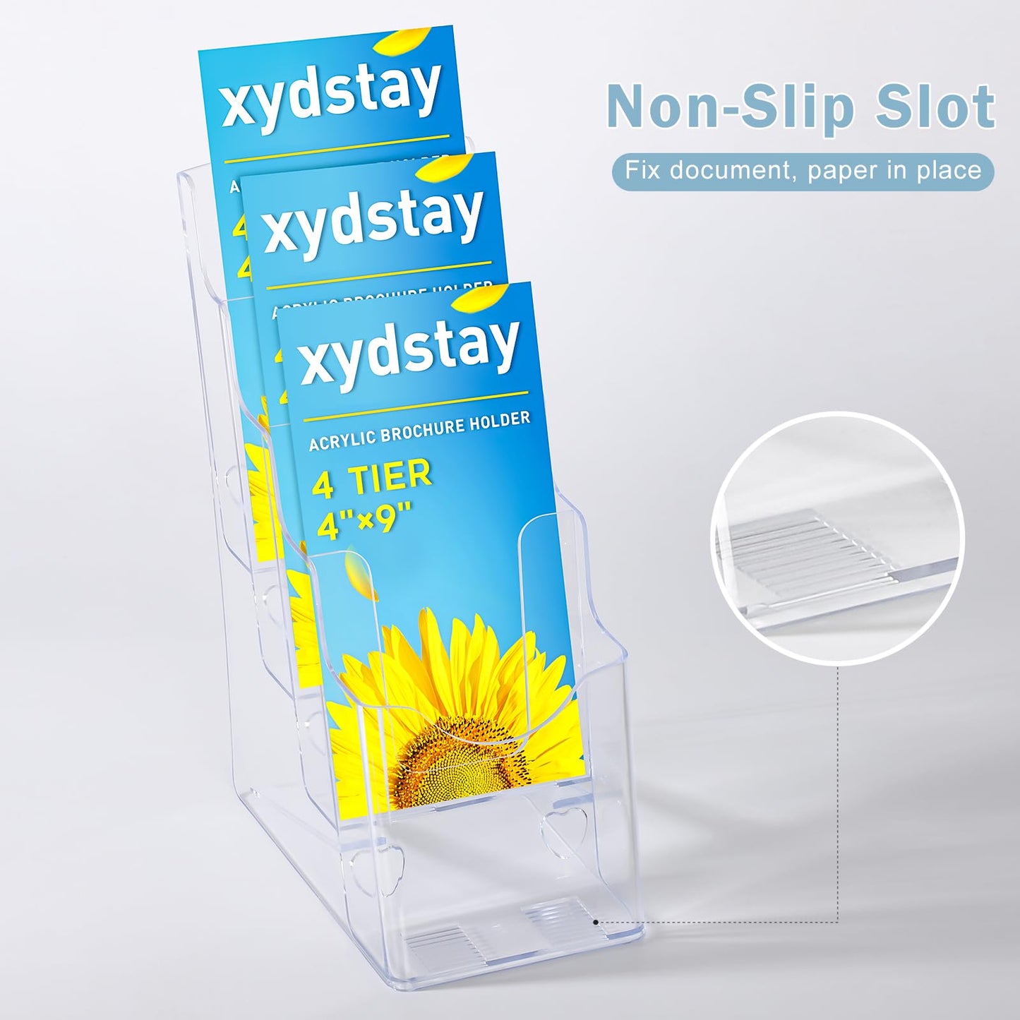 xydstay Acrylic Brochure Holder 4 x 9 Inches, 4 Tier Magazine Holder Brochure Display Stand, Clear Pamphlet Flyer Holder, Literature Booklet Holder for Countertop or Wall Mount Use, 2 Pack