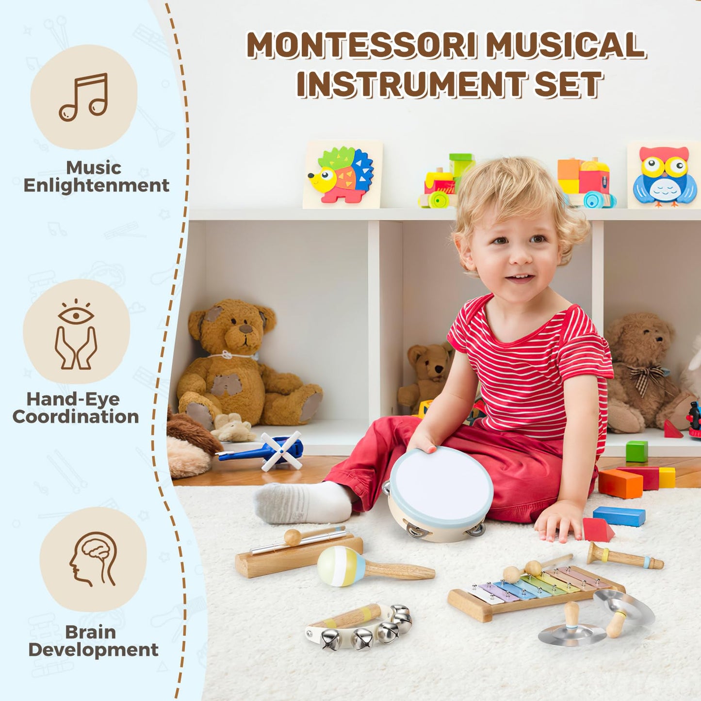 POGOLAB Musical Instruments for Toddler 1-6, 8-in-1 Wooden Sensory Toy for Preschool Learning